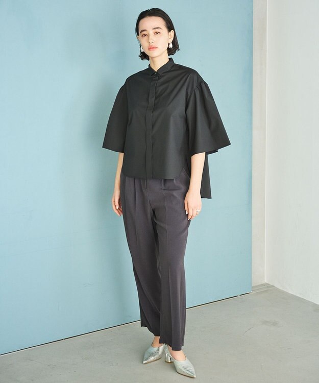 #Newans 【洗濯機可能/シワになりにくい】〈お尻・太ももをカバー〉フレアスリーブイタリアンカラーシャツ ブラック