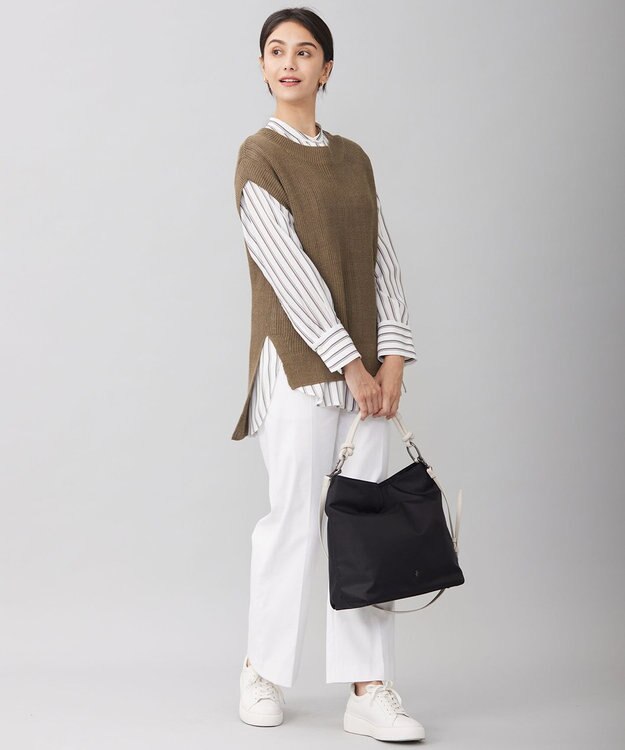 自由区 S 【洗える】リネンミドルゲージニット ベスト カーキ