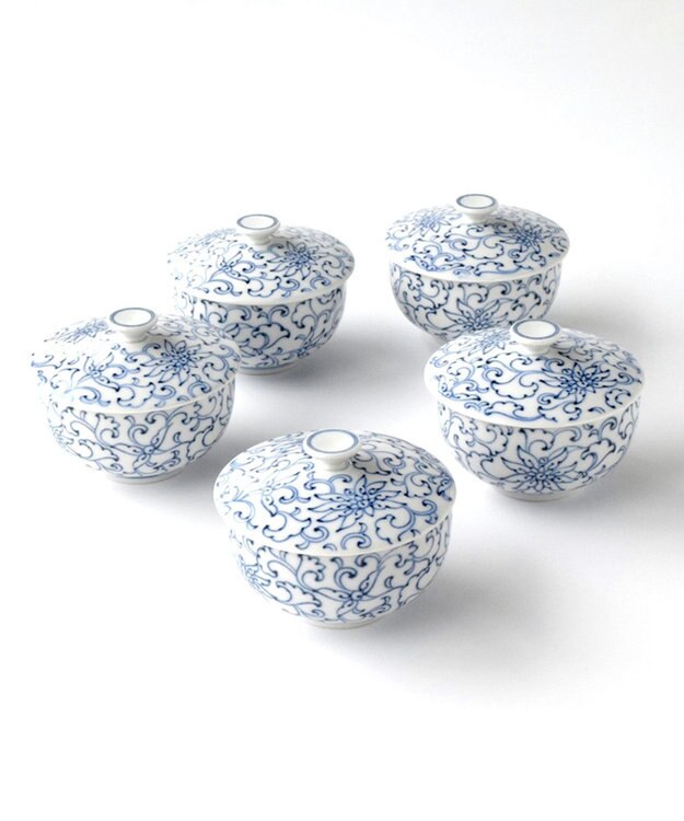 たち吉 【たち吉】京唐草お茶呑茶碗〈５客〉瀬戸焼 ホワイト×ブルー