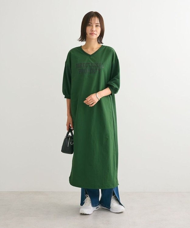 Green Parks ７分袖裏毛ドッキングロゴワンピース Green