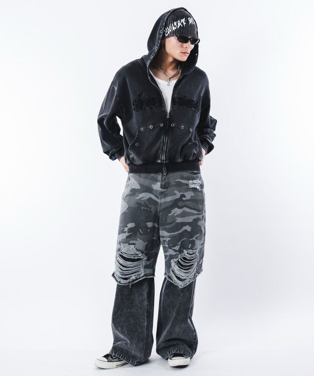 WEGO 【ユニセックス着用ITEM】ブリーチハトメZIPパーカー ブラックその他