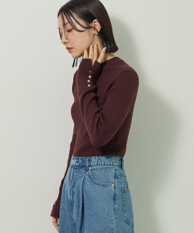 Green Parks もちやわ袖口釦リブニットプルオーバー Brown