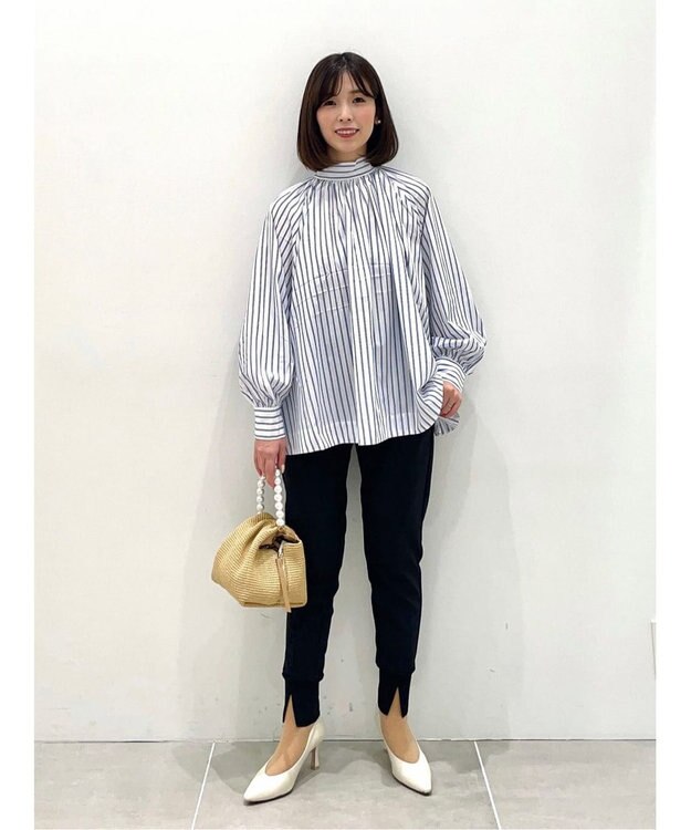 UNFILO イージーケア ギャザーブラウス ブルーストライプ