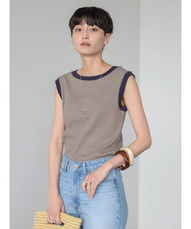 AMERICAN HOLIC ミジンボーダーノースリーブカットプルオーバー Navy