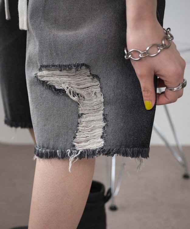 WEGO 【SMサイズ展開】ヴィンテージウォッシュダメージバギーハーフパンツ ブラック