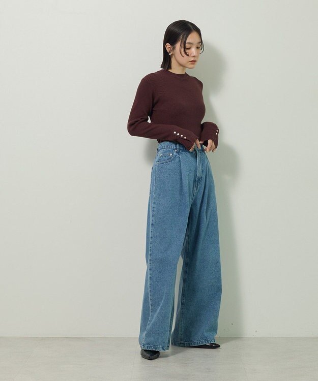 Green Parks もちやわ袖口釦リブニットプルオーバー Brown