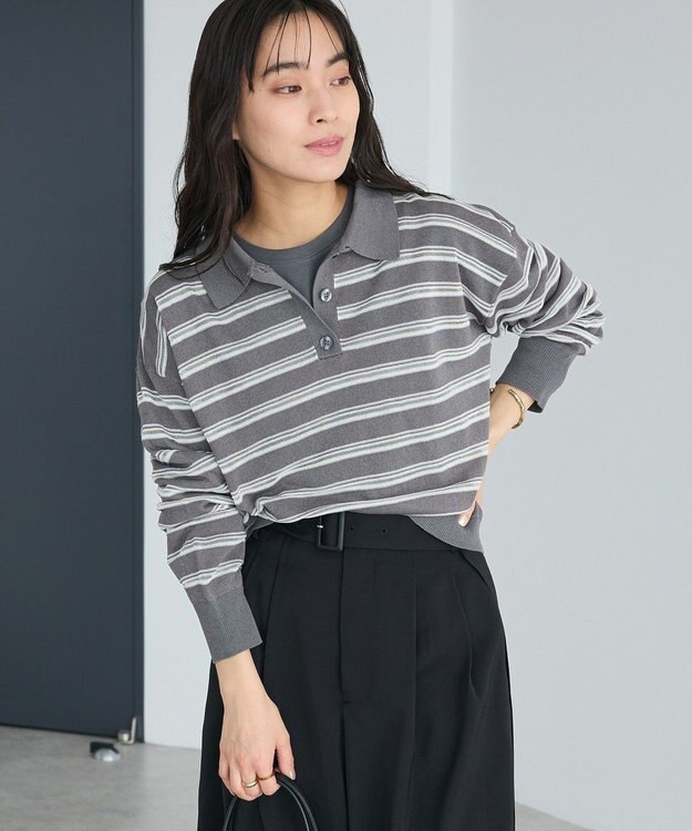 CRAFT STANDARD BOUTIQUE シアーボーダーポロ衿ニットプルオーバー Gray