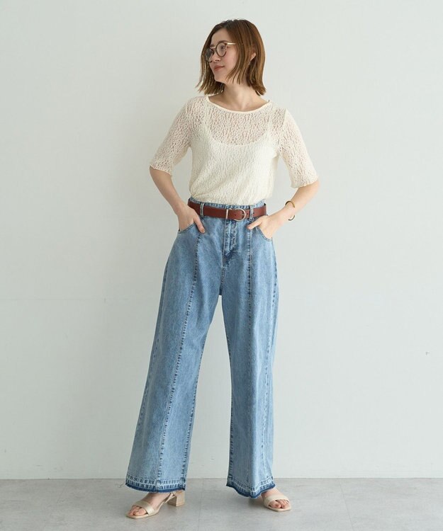 YECCA VECCA 5分袖レースシアートップス Ivory