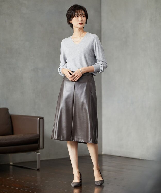 J.PRESS LADIES 【洗える】シンセティックマットleather スカート ブラウン系