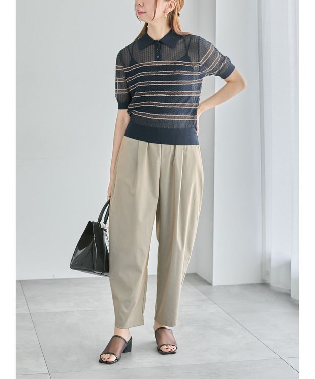 Te chichi 透かしマルチボーダーニットポロ ネイビー