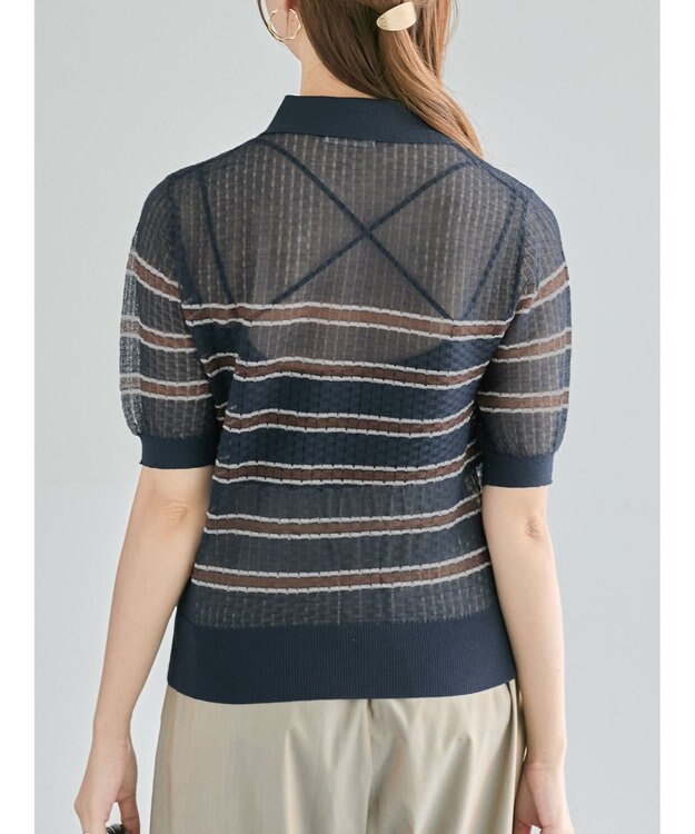 Te chichi 透かしマルチボーダーニットポロ ネイビー