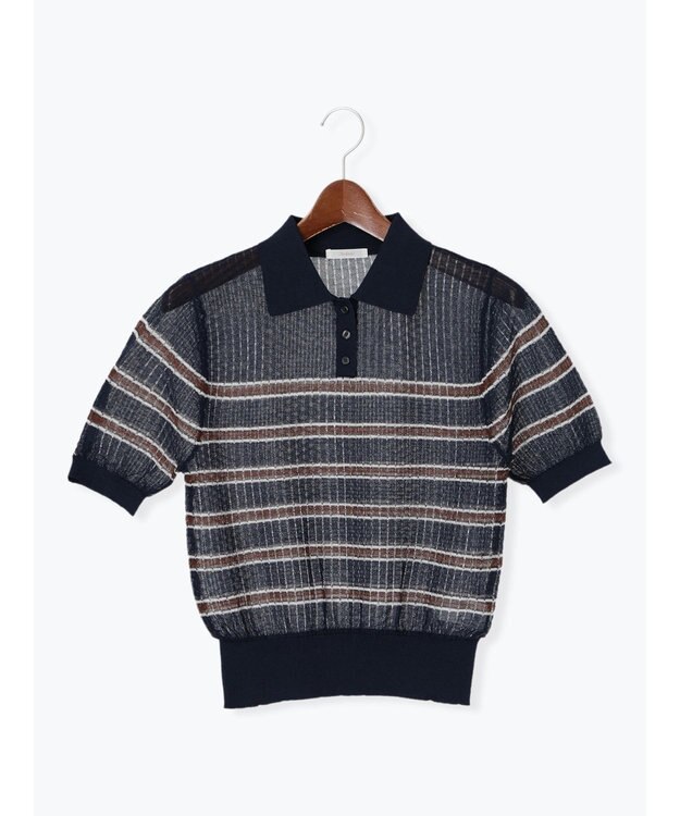 Te chichi 透かしマルチボーダーニットポロ ネイビー