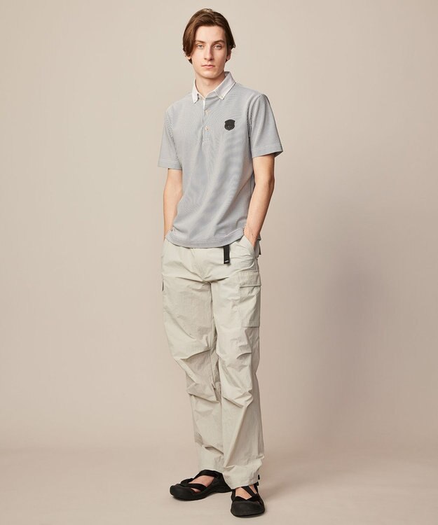 JOSEPH ABBOUD MOUNTAIN 【吸水速乾・釦ダウン・男女兼用】メッシュストライプサッカーポロシャツ ブルー系1