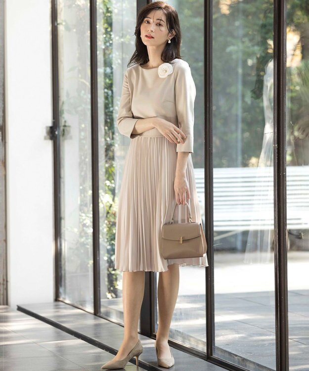 組曲 L 【KUMIKYOKU NAVY】ジャージーコンビプリーツ ワンピース ベージュ系