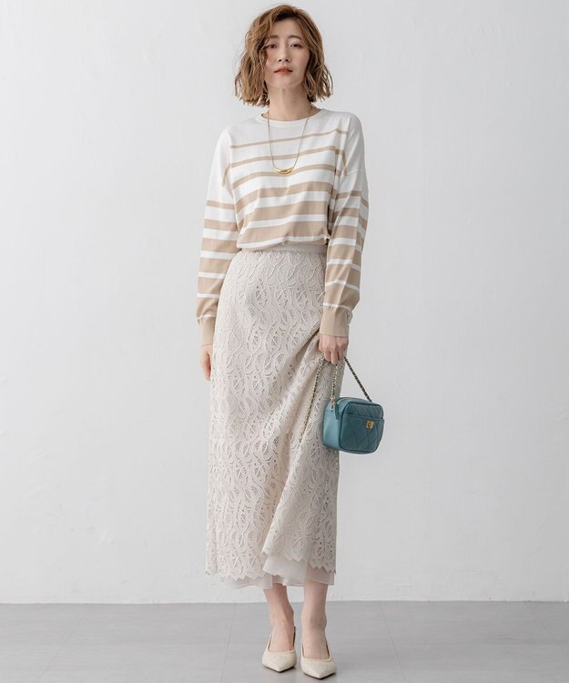 23区 【洗える】プレミアムビオコットン ボーダー ワイド ニット オフ×ベージュ