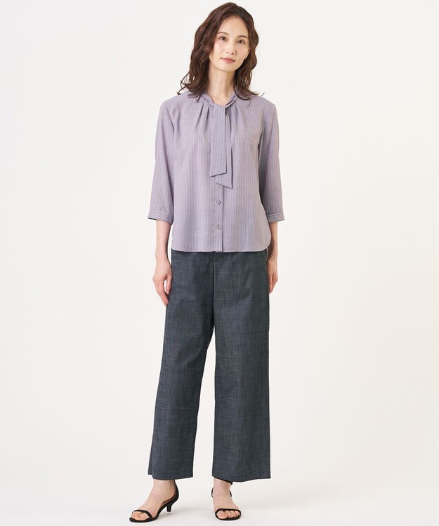 J.PRESS LADIES ソフトシャンブレー ストレートパンツ ネイビー系