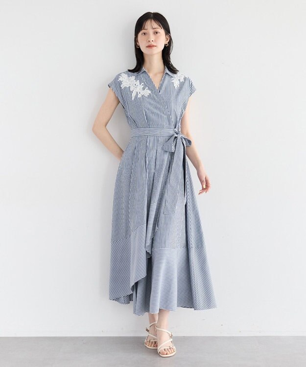 YECCA VECCA フラワーレースカシュクールワンピース Stripe