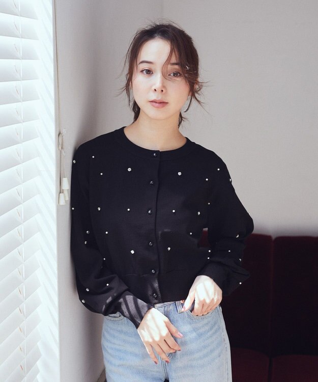 earth music&ecology パール＆ビジューカーディガン Black