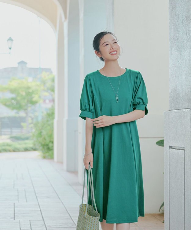 Tiaclasse 【おのののかさん着用】「サマケア」パフスリーブAラインワンピース グリーン