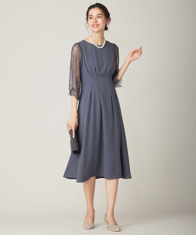 ANY SIS 【Lily Calin】レーススリーブタック ドレス スモーキーブルー