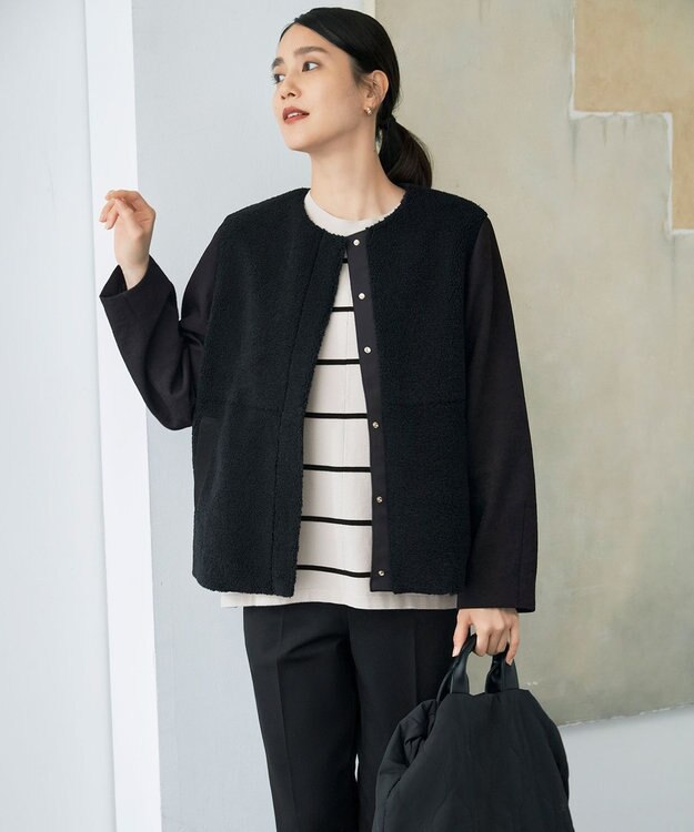 自由区 L 【WEB限定カラーあり】レーヨンストレッチ ニットT ベージュ×ブラック(ボーダー)