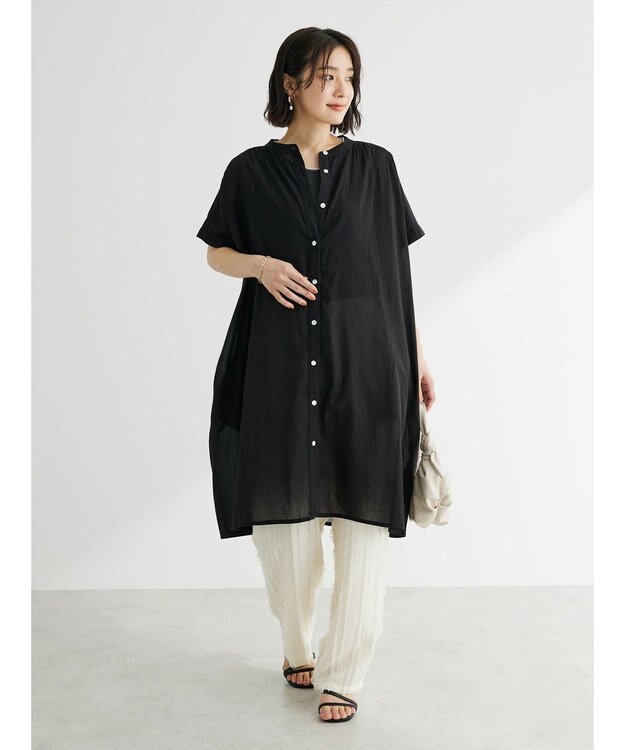 Green Parks インド綿 　ギャザー５分袖チュニック Black