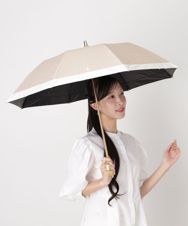 MOONBAT 【WEB限定/遮光率100%/遮熱/UV】POLO RALPH LAUREN（ポロ ラルフローレン）晴雨兼用日傘 ポロポニー ワンポイント刺繍  バイカラー 折りたたみ傘 楽折 ベージュ×オフ