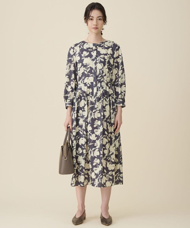 自由区 バイカラーフラワープリント ワンピース グレー×イエロー