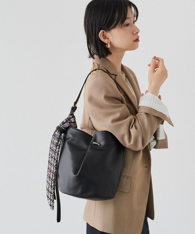 russet ツイードスカーフ付きレザー2WAYショルダーバッグ(CE-1632) Black