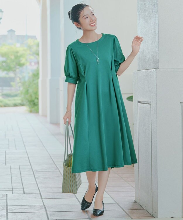 Tiaclasse 【おのののかさん着用】「サマケア」パフスリーブAラインワンピース グリーン