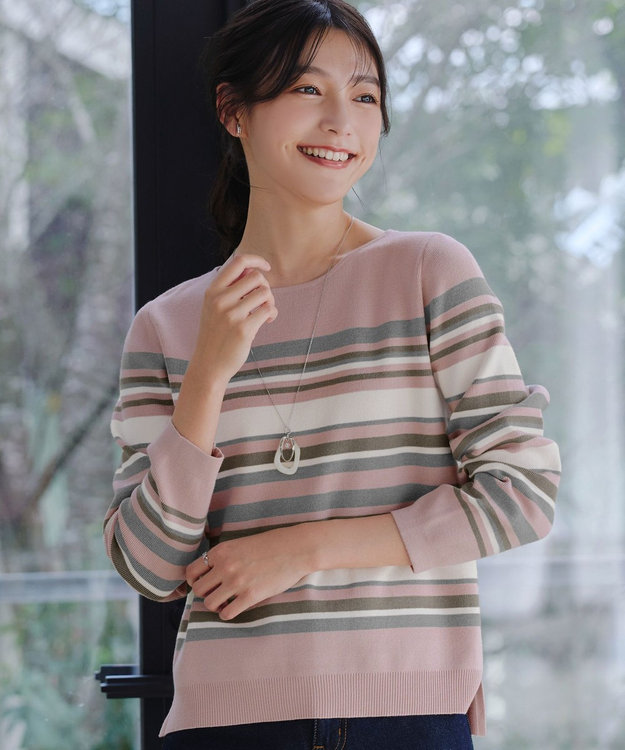 Tiaclasse マルチボーダーニットトップス ピンク