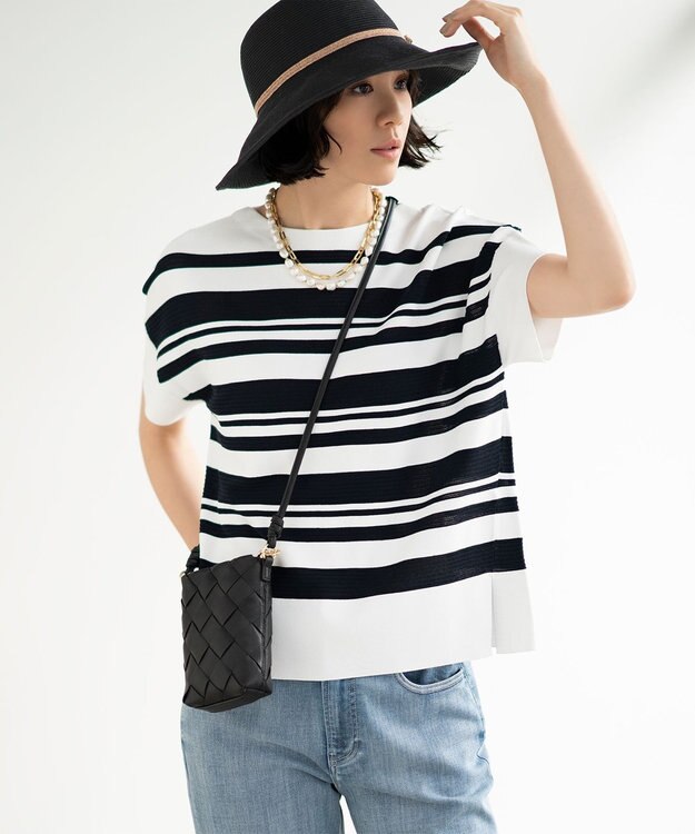 自由区 【洗える】クレープストレッチボーダー ニット ホワイト系1