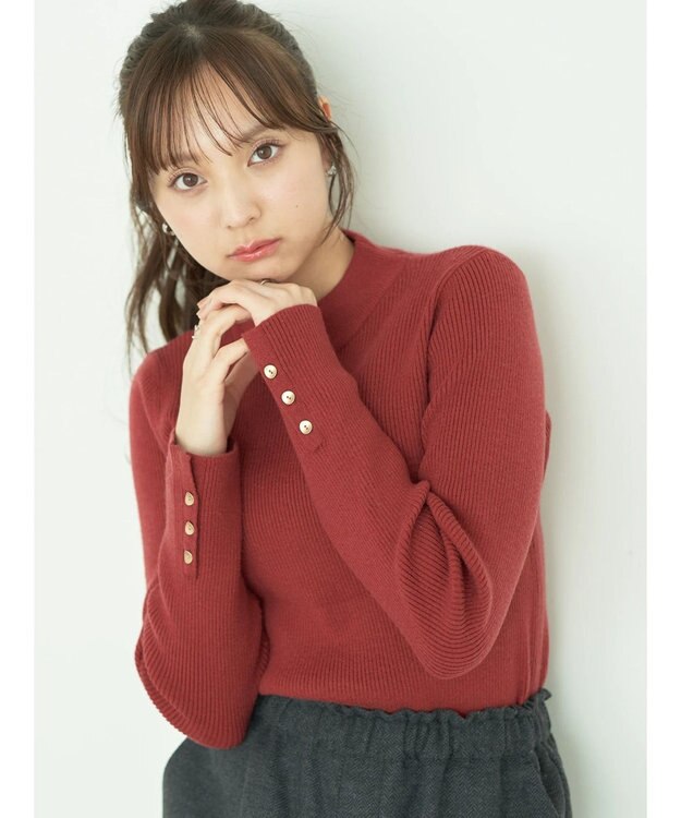 earth music&ecology ゴールド釦スリーブリブプルオーバー Red