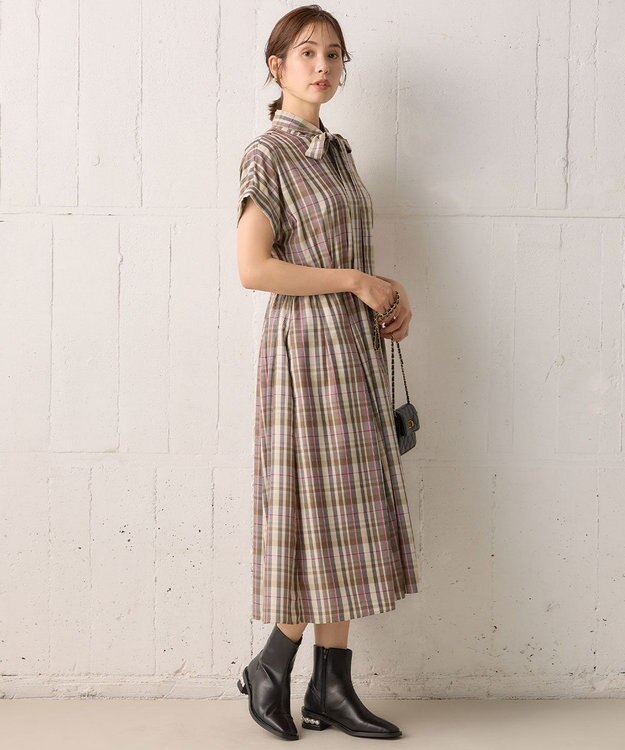 組曲 【リボンタイ付き】シアーツイルチェック ワンピース ベージュ系3