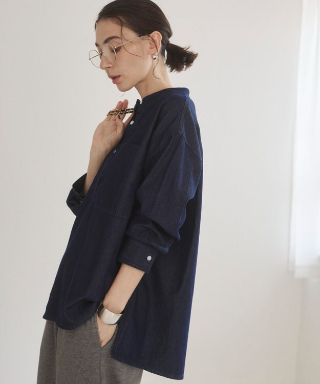 WEGO 【ANGIE VINTAGE】襟が選べる デニム プルオーバー シャツ（バンドカラー/レギュラー） ネイビー
