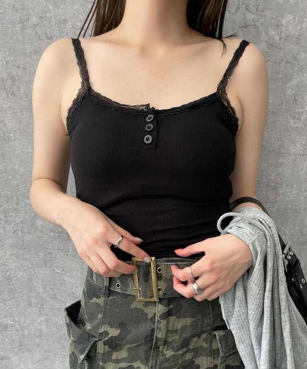 WEGO 【カップ付きインナー】パット付きフロントボタンレースキャミ ブラック