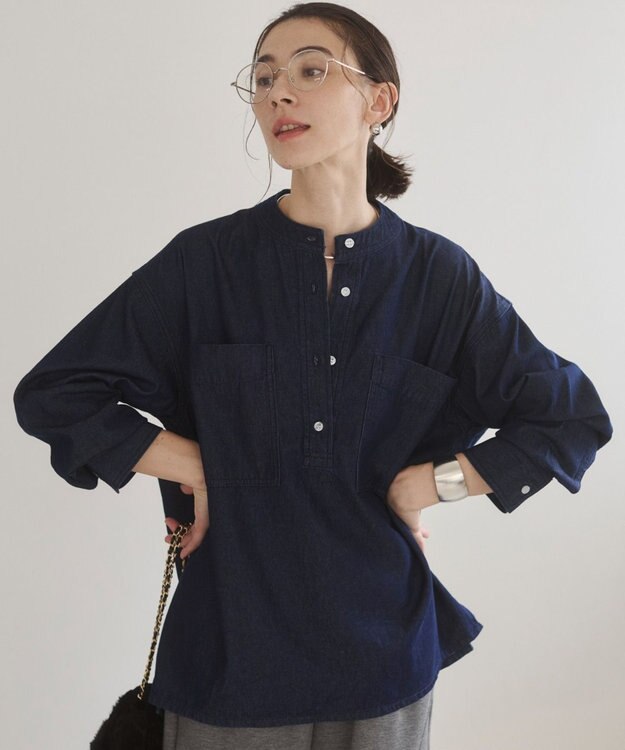 WEGO 【ANGIE VINTAGE】襟が選べる デニム プルオーバー シャツ（バンドカラー/レギュラー） ネイビー