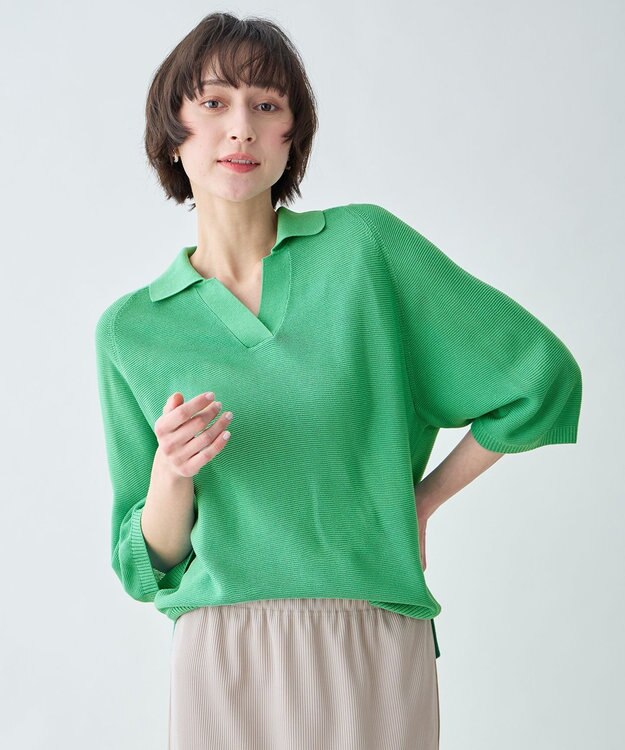 ANY L アクリルガーターポロ衿ニット グリーン