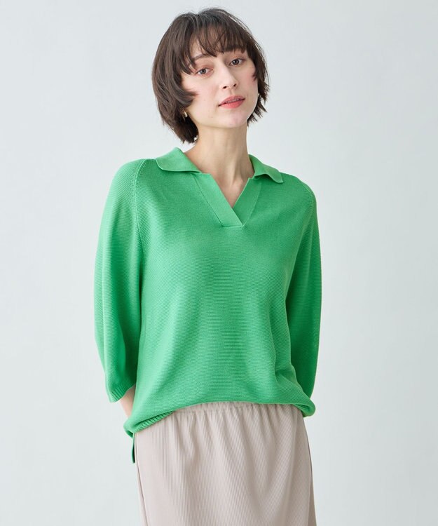 ANY L アクリルガーターポロ衿ニット グリーン