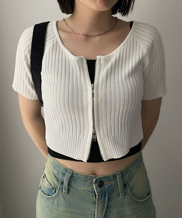 WEGO ダブルジップオフショルニットトップス オフホワイト