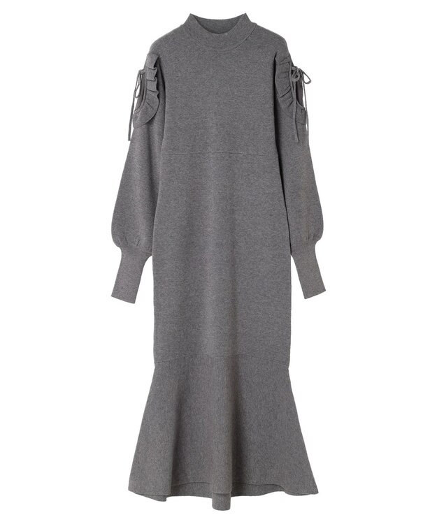 earth music&ecology 袖シアーフリルニットワンピース Gray