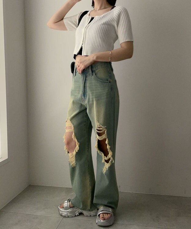 WEGO ダブルジップオフショルニットトップス オフホワイト