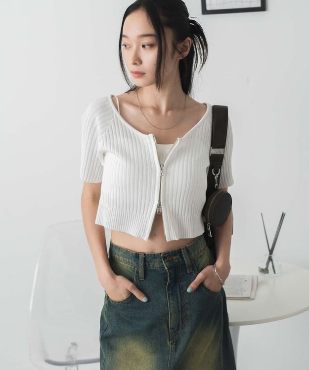 WEGO ダブルジップオフショルニットトップス オフホワイト