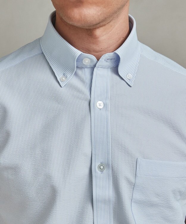 GOTAIRIKU とにかく涼しい/酷暑対応【シワになりにくい/吸水速乾】クールマックスサッカーシャツ サックスブルー×白