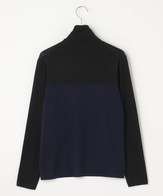 自由区 L 【洗える】シルクウールリブタートルネック ニット ブラック×ネイビー