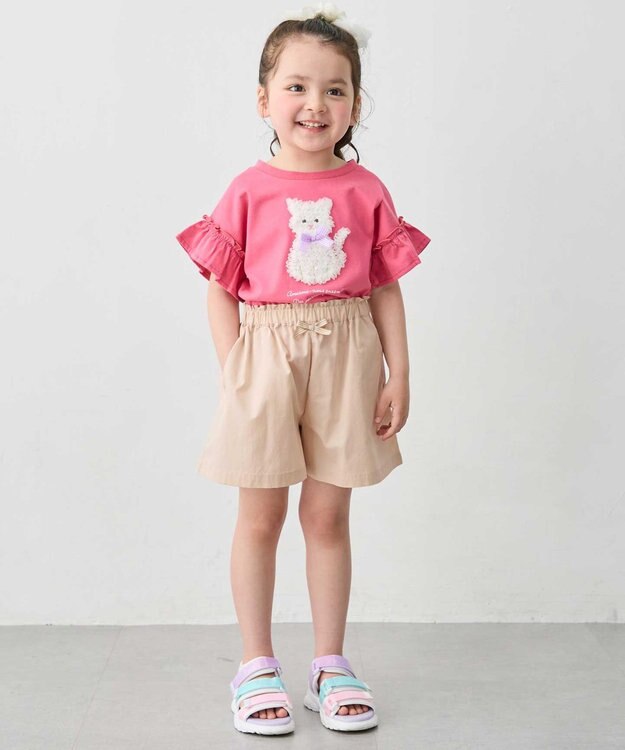 ANY KIDS 【綿100%】ひんやり フリル袖 もしゃもしゃTシャツ ピンク×ネコ