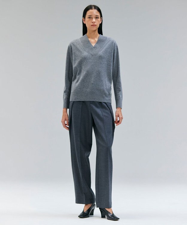 BEIGE， 【洗える】POMPE / ウールカシミヤ配色ラインVネックニット Charcoal×Off