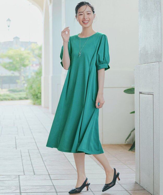 Tiaclasse 【おのののかさん着用】「サマケア」パフスリーブAラインワンピース グリーン