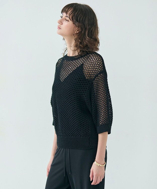 BEIGE， 【洗える】ALOE / コットンメッシュ半袖クルーネックニット Black