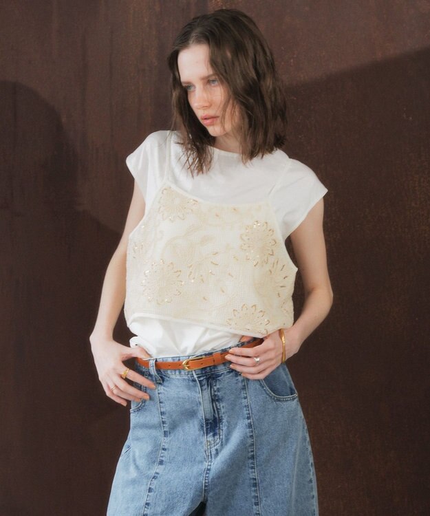 YECCA VECCA 【2点SET】刺繍メッシュキャミセットコットンTee Light Beige